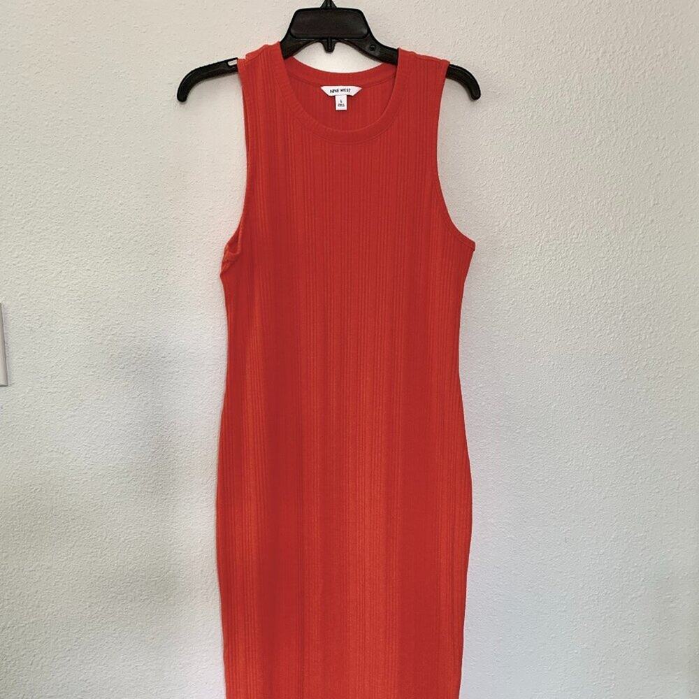 Nine West Orange Sleeveless Ribbed Midi Dress